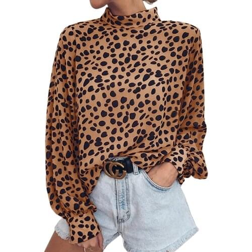 Fashion Stand Collar Leopard Blouses Ladies Fall Spring 2021 High Street Long Sleeve Loose Shirts Top for Women Dot Clothes