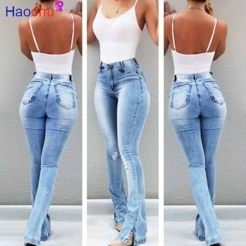 HAOOHU High Waist Jeans For Women Slim Denim Jean Bodycon Bandage Skinny Split Bell Bottom Push Up Jeans Woman