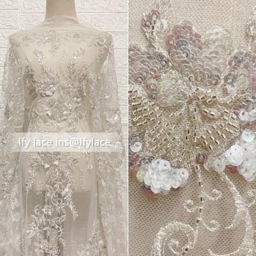 Elegant Embroidered tulle fabric Sliver beads for fashion dress top selling beaded tulle french net fabric sell by yard