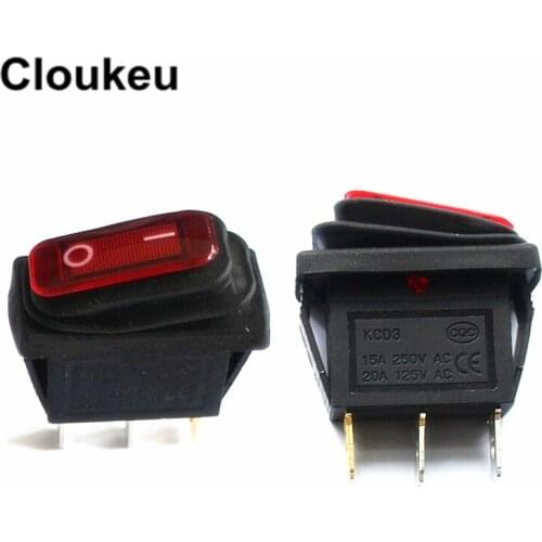 KCD3 Red led 3Pin/2File Waterproof Rocker Switch 15A250V 20A125V