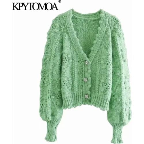 KPYTOMOA Women 2021 Fashion With Gem Buttons Pompom Detail Knit Cardigan Sweater Vintage Long Sleeve Female Outerwear Chic Tops