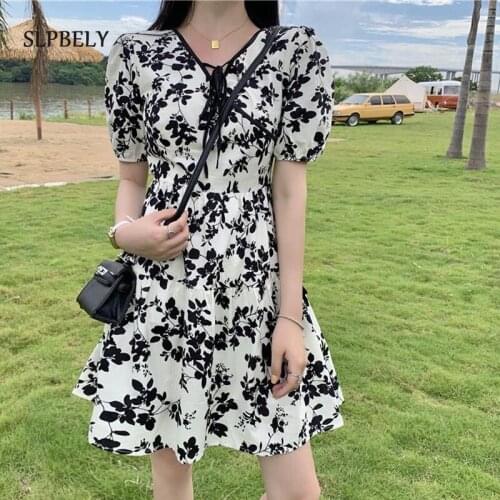 SLPBELY Summer Retro Floral Print Fashion Women Sundress Mini Dresses Puff Sleeve V Neck Cute Ruffles Korean Party Dress Vestido