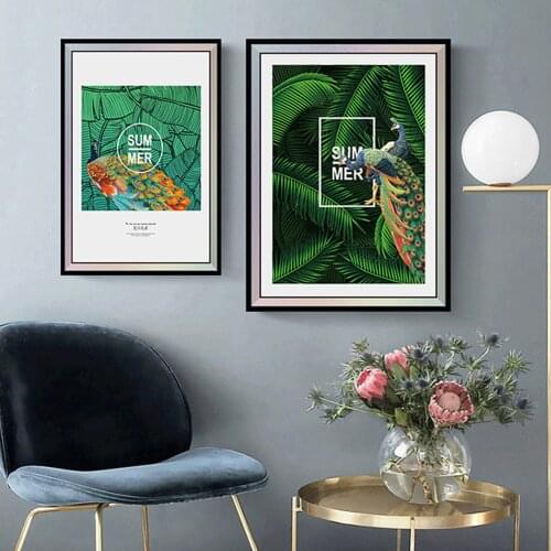 Summer Peacock Green Plants Leaves Poster Canvas Print Painting Wall Art Living Room Home Decoration