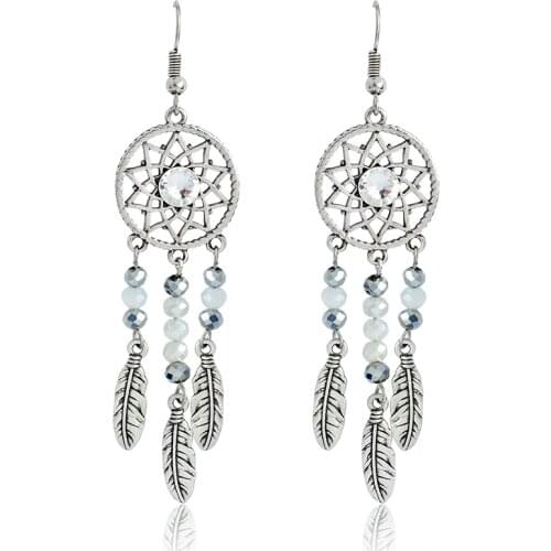 Fashion Charm Dreamcatcher Drop Earrings Resin Beads Alloy Feather Tassel Dangles Earrings For Women Bohemia Ethnic Jewelry Gift
