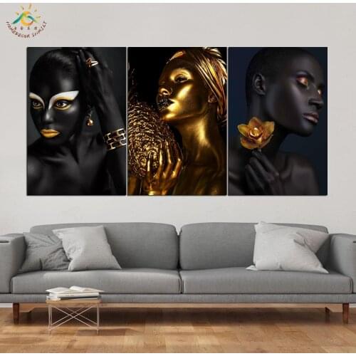 Black Gold Makeup Woman Wall Art Prints Canvas Art Painting Modular Picture And Poster Canvas Painting Decoration Home 3 PIECES