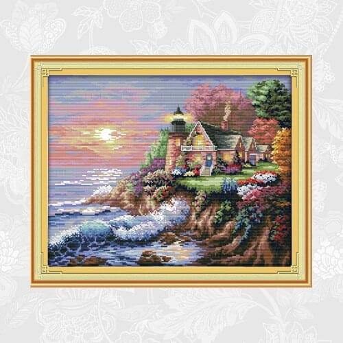 The Seaside Lighthouse Paintings Embroidery Counted Printed On Canvas 11CT 14CT Chinese Cross Stitch kits Beginner Home Decor