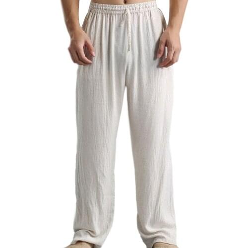 Plus Size Men Cotton Linen Long Pants Elastic Waist Loose Straight Trousers Long Pants Elastic Waist Loose Straight Trousers
