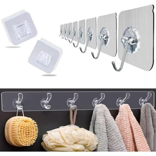 Wall Hooks Waterproof Oilproof Self Adhesive Transparent Reusable Seamless Hanging Hook for Kitchen Bathroom Office