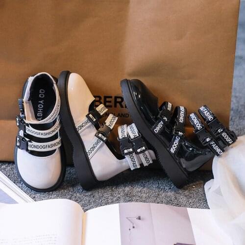 2021 New Autumn Snap Children Leather Shoes Letter Print Strap Girls Shoes Ankle Chelsea Boots Retro Kids Shoe Soft Casual Boot