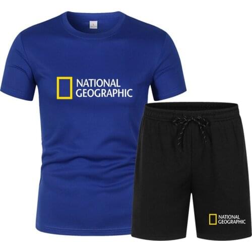 2021 Summer New National Geographic Exploration Mens Cotton T-shirt + Pants Sports 2-piece Set Mens Casual Street Sports Suit