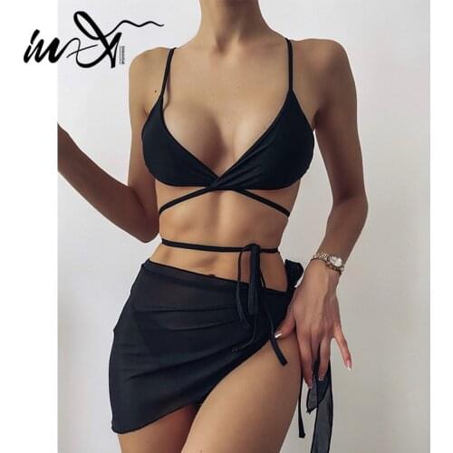 In-X Solid 3 pieces set Sexy bikini 2021 Bandage swimsuit womens swimming suit String swimwear female Triangle bathing suit new