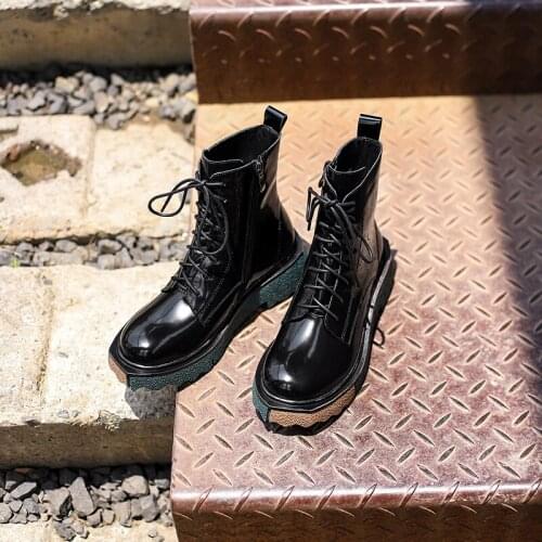 Osunlina 2021 New Fashion Ankle Boots Patent Leather Round Toe Square Heels Zipper Lace up Comfortable Short Boots Autumn Winter