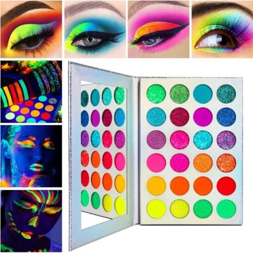 24 Colors Eyeshadow Palette Neon Glitter-Matte Glow In Dark Makeup Halloween Party Clubbing Fluorescent Eye Shadows