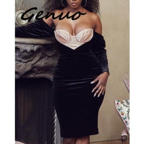 Genuo New Off Shoulder Splice Satin Velvet Black Dress Women Backless Party Elegant Midi Dress Autumn Winter Sexy Bodycon Dress