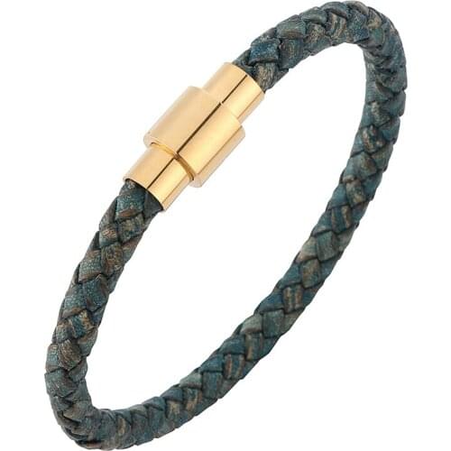 Simple Bracelet for Women Men Jewelry Vintage Green Braided Leather Hand Bracelet Unisex Steel Magnetic Clasp Bangles SP0251GR