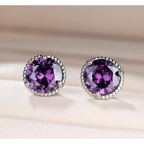 Simple Cute Purple Crystal Earrings for Women Girls 7mm White Gold Geometric Stud Earrings Birthday Jewelry Gift Female Earrings