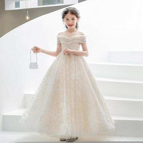3~12T Children Girls Exquisite Design Beading Elegant Champagne Color Birthday Wedding Party Princess Ball Gown Fluffy Dress