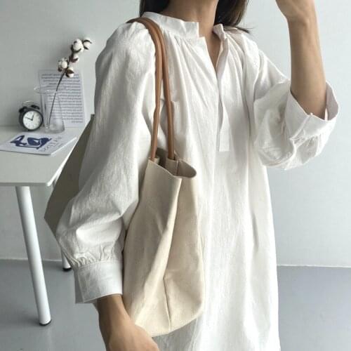 Loose and Lazy Style Niche Cotton and Linen Shirt Dress Womens Mid-Length V-neck Overknee White Dress Plus Size Dress