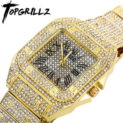 TOPGRILLZ Mens Watch Luxury Rhinestone Stainless Steel Quartz Movement Watch Fashion Personalised Mens Business Watch Jewelry