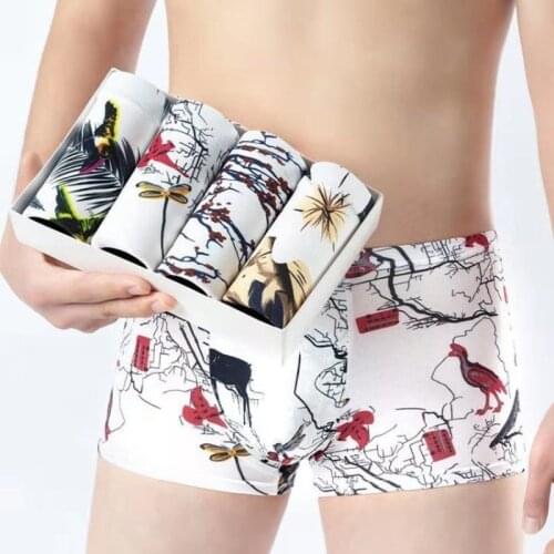 4pcs/Lot Mens Underwear Boxer Panties Fashion Print Shorts Brand Underpants Breathable Middle Waist Shorts Men Plus Size