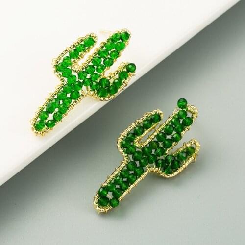U-Magical Summer Green Crystal Cactus Dangle Earrings for Women Charming Gold Metallic Weave Plant Earrings Jewelry Accessories