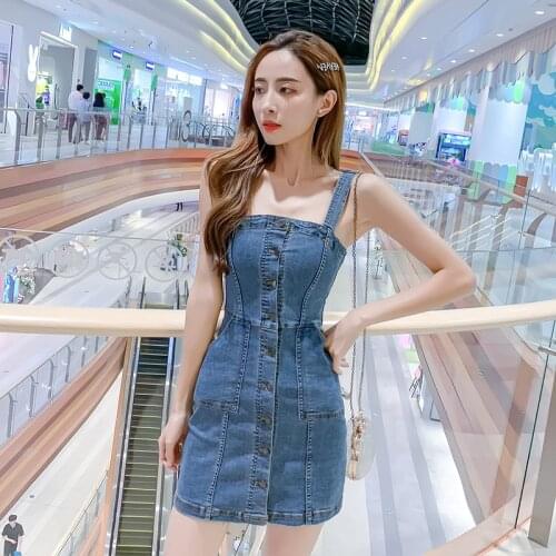 Vintage Casual Solid Vintage Chic Sexy Jeans Button Party Midi Dress Women Denim Dress Spaghetti Strap Summer Dress 116A