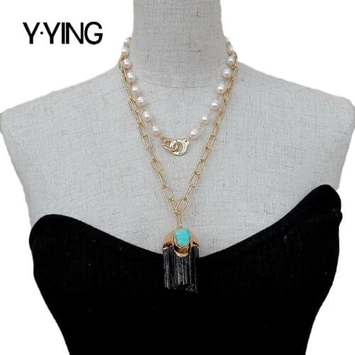 Y·YING Freshwater White Rice Pearl Chain statement Necklace Black Tourmaline Rough Pendant 18"