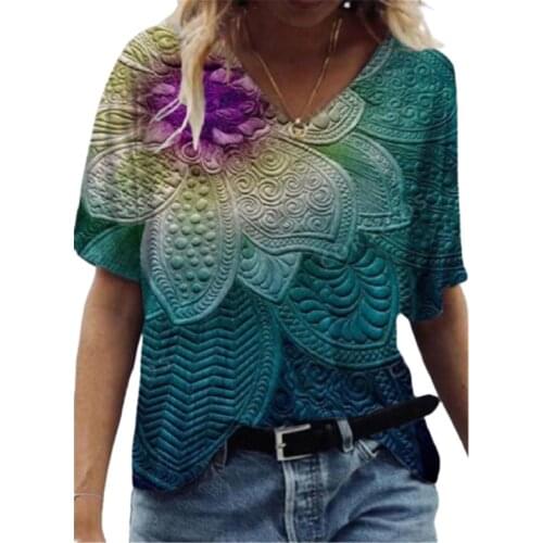 New 2021 Summer T Shirt Women Short Sleeve 3D Leaves Print Tee Tops Casual V-Neck Loose Plus Size Tops Fashion Ladies Street Top