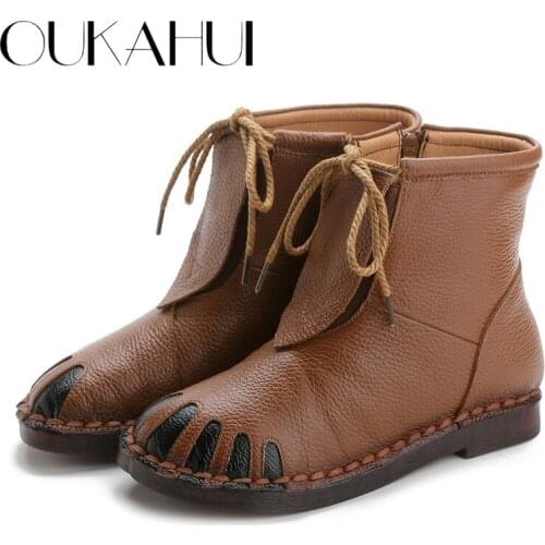 OUKAHUI Autumn Vintage Genuine Leather Handmade Boots For Women Flat Low Heel Winter Boot Shoes Soft Lace-Up Ankle Boots Woman