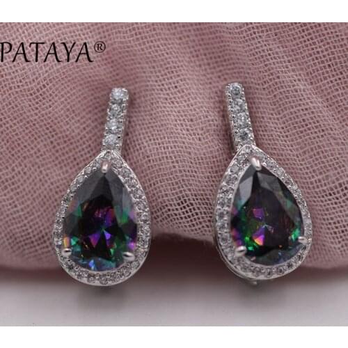 PATAYA New RU Hot True White Gold Dangle Earrings Oval Natural Zircon Earrings Women AB Multicolor Wedding Fine India Jewelry