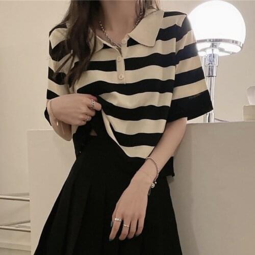 Womens Knitted Pullover Striped Polo Collar Button Short Sleeves Loose Top Wholesale Summer 2021 New Fashion Female Clothing