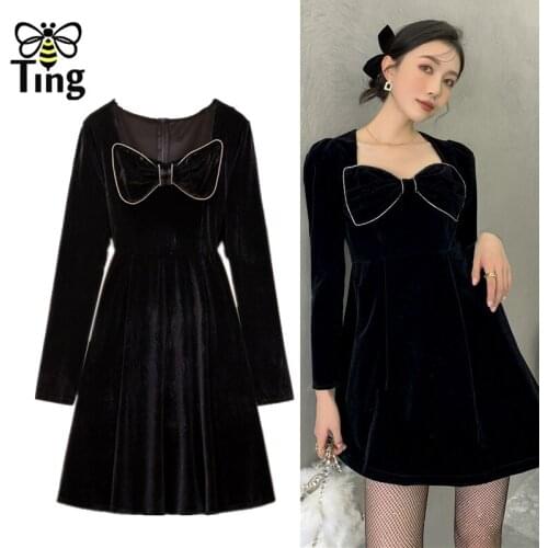 Tingfly 2021 Winter Autumn Sweet Girl Black Velvet Mini Short Dress Casual Bowknot Decor A Line Vestidos Fashion Streetwear Traf