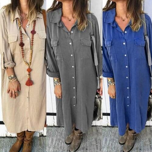 Women Turn Down Collar Long Sleeve Single-breasted Pockets Maxi Shirt Dress
