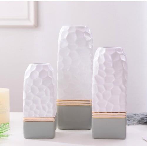 1pc Water Cube Design Vase White Pink Flower Vase Ceramic Water Container With Golden Ring Home Decoration Dried Flower Jar