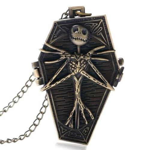 10PCS Wholesale Childs Skull Skeleton Coffin Bronze blackChain Nightmare Before Christmas Halloween Gift Men&Wemom pocket watch