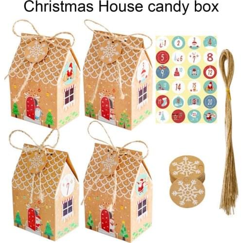 24 Sets Candy Bag Easy to Assemble House Shape Faux Kraft Paper Christmas Gift Packaging Box for Festival
