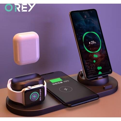 6 in 1 Wireless Charger Dock Station for iPhone/Android/Type-C USB Phones 10W Qi Fast Charging For Apple Watch AirPods Pro