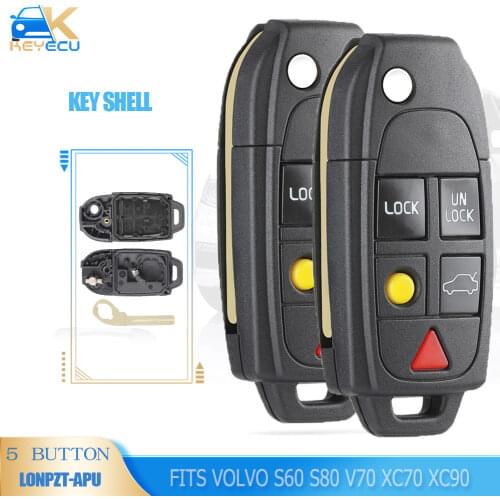Keyecu Flip 5 Button Remote Key Case FOB Replacement for VOLVO S60 S80 V70 XC70 XC90