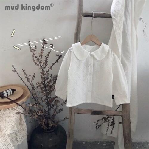 Mudkingdom Girl Boluses Casual Hollow Solid Peter Pan Collar Puff Sleeve Shirt Kids Tops for Little Girls Spring Autumn Clothing