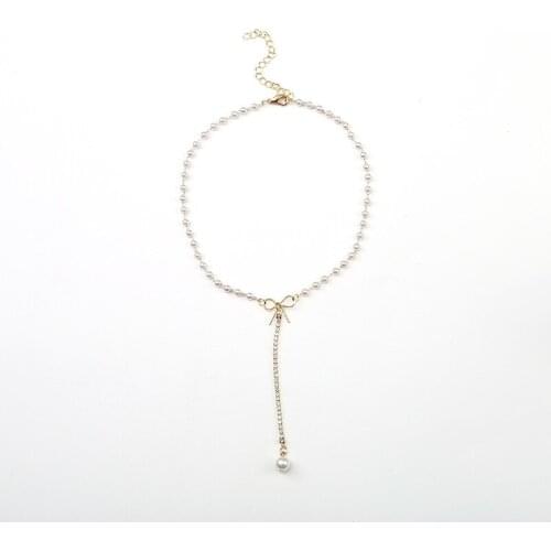 Long Alloy Golden White Simulated Pearls Hollow Bowknot Pendant Clavicle Chain Necklace for Women & Girls