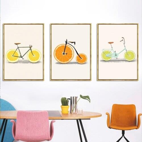 Cartoon Fashion Cute Bike Lemon Orange Fruit Print Canvas Paintings Kitchen Decor Nordic Posters Minimalist Wall Art Pictures