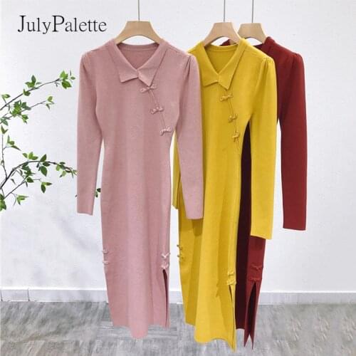 JulyPalette Vintage Turn-down Collar Knitted Dress 2021 Autumn Women Button Split Bodycon Knit Vestidos Elegant Cheongsam Dress