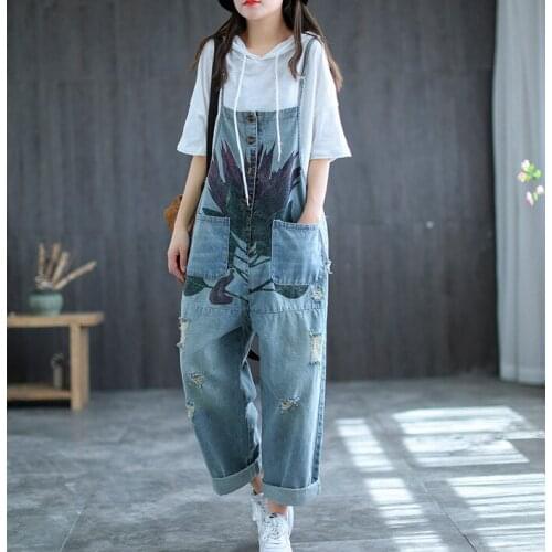 Spring Summer Denim Jumpsuits Women Vintage Washed Bleached Hole Patchwork Print Female Fashion Cross-Pants