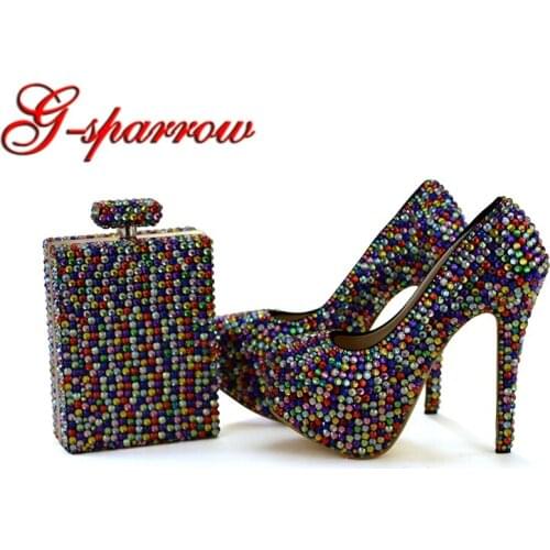 Small Rhinestone Mix Color High Heel Wedding Party Shoes with Handbag Handmade Colorful Theatre Stage Show Shoes Ceremony Pumps