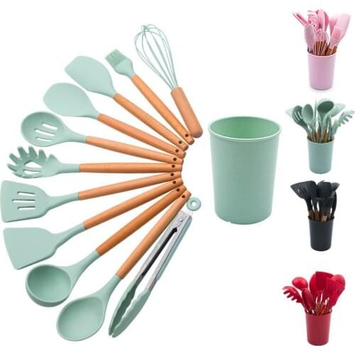 12 PCS Silicone Cooking Utensils Set Non-stick Spatula Shovel Wooden Handle Cooking Tools Set With Storage Box Kitchen Tools