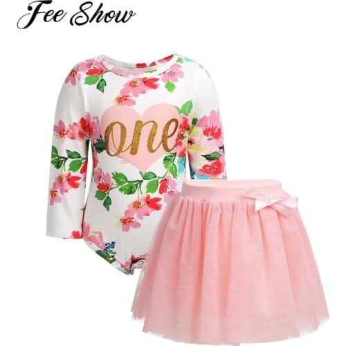 Infant Baby Girls Birthday Outfit Long Sleeves Glittery One and Flower Printed Romper with Mesh layers Tutu Skirt Set Party Wear