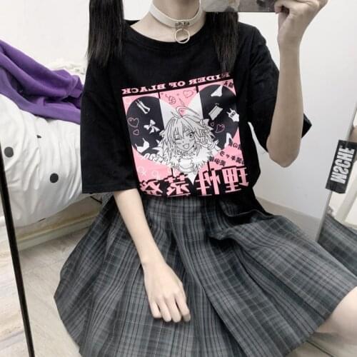 Japanese Harajuku Steam Wave Anime JK Sweet Girls Cartoon Print Tops Kawaii Casual Loose Streetwear Women Vintage Loose T-shirt