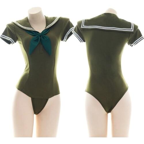 Otaku Killer Sukumizu Lolita Student Dark Green Sailor Suit Uniform Private Room Bodysuit Swimsuit Pajamas Sexy Womens Swimwear
