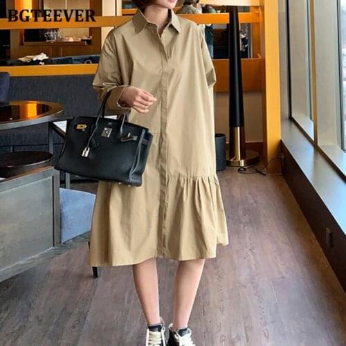 BGTEEVER Casual Lapel Women Solid Shirt Dress 2021 Summer Autumn Oversized Dresses Full Sleeve Female Irregular Midi Vestidos