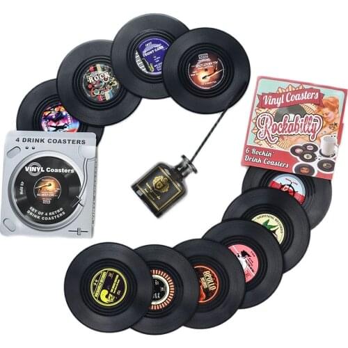 1/4/6 Pcs Colorful Coaster Retro Vinyl Record Disk Coasters For Drinks With Gift Box Funny CD Cup Mats Kitchen Accessories Tools